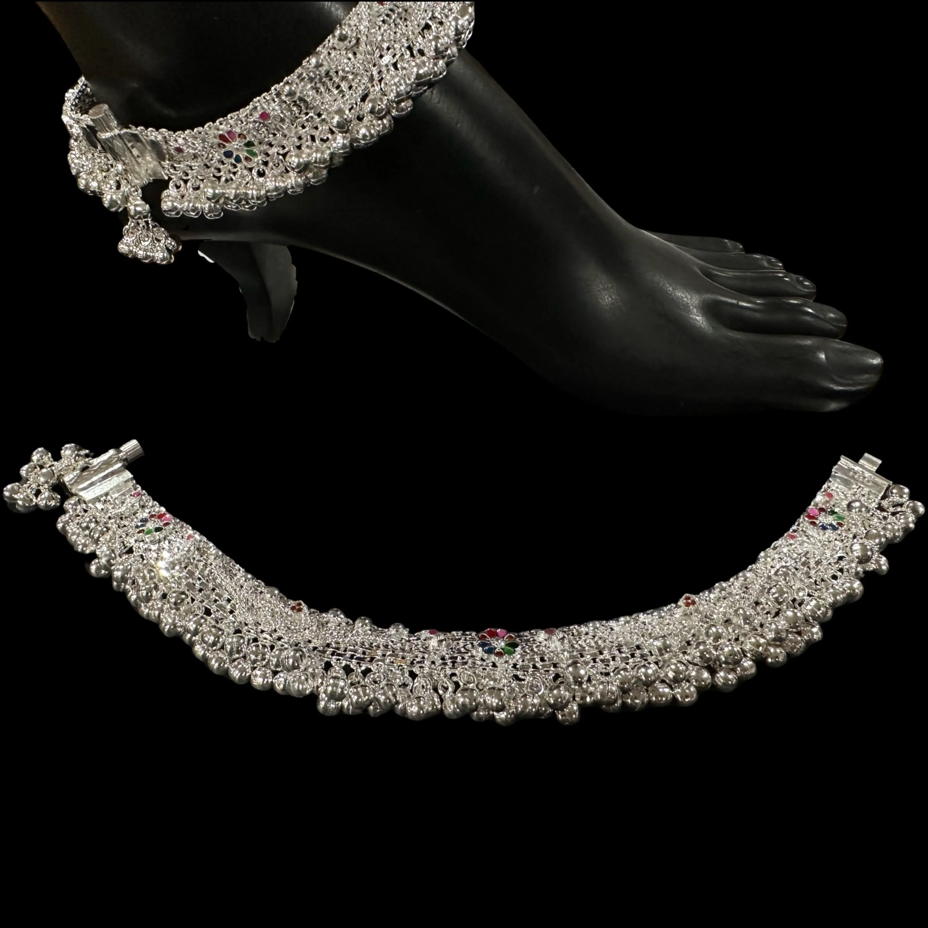 800 Silver Rajwada Hallmarked Pajeb Anklet with Meena & Bells - Style #07