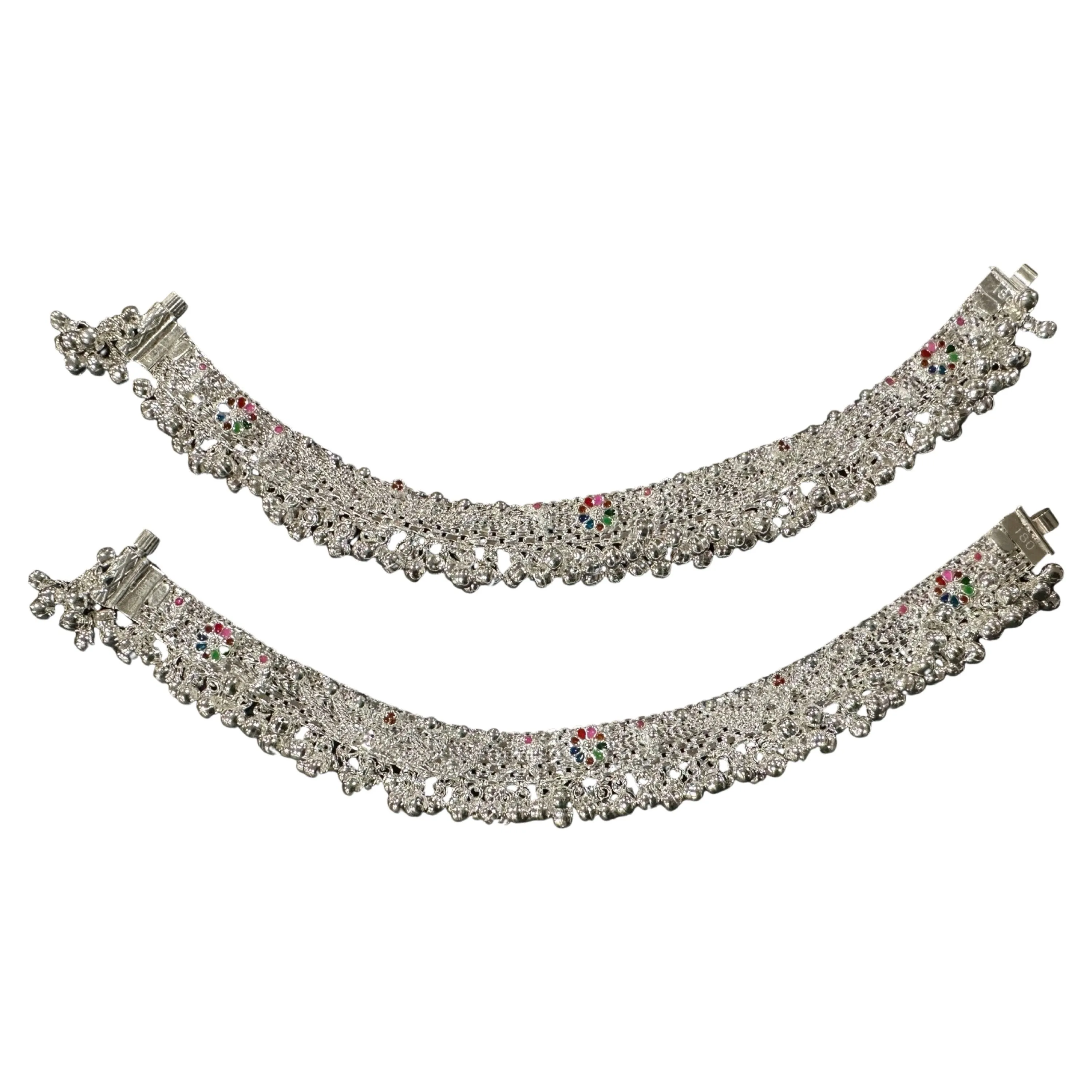 800 Silver Rajwada Hallmarked Pajeb Anklet with Meena & Bells - Style #07