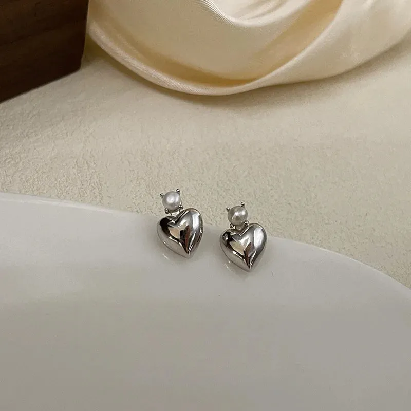 925 Sterling Silver Stud Earrings Charm Jewelry - Heart Pearl Shape - TSJ135