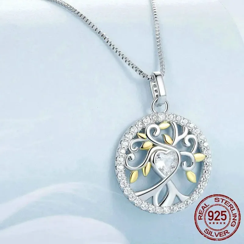 925 Sterling Silver Tree of Life Pendant Necklace Heart Zircon Neck Chain for Women Birthday Fine Jewelry Gift