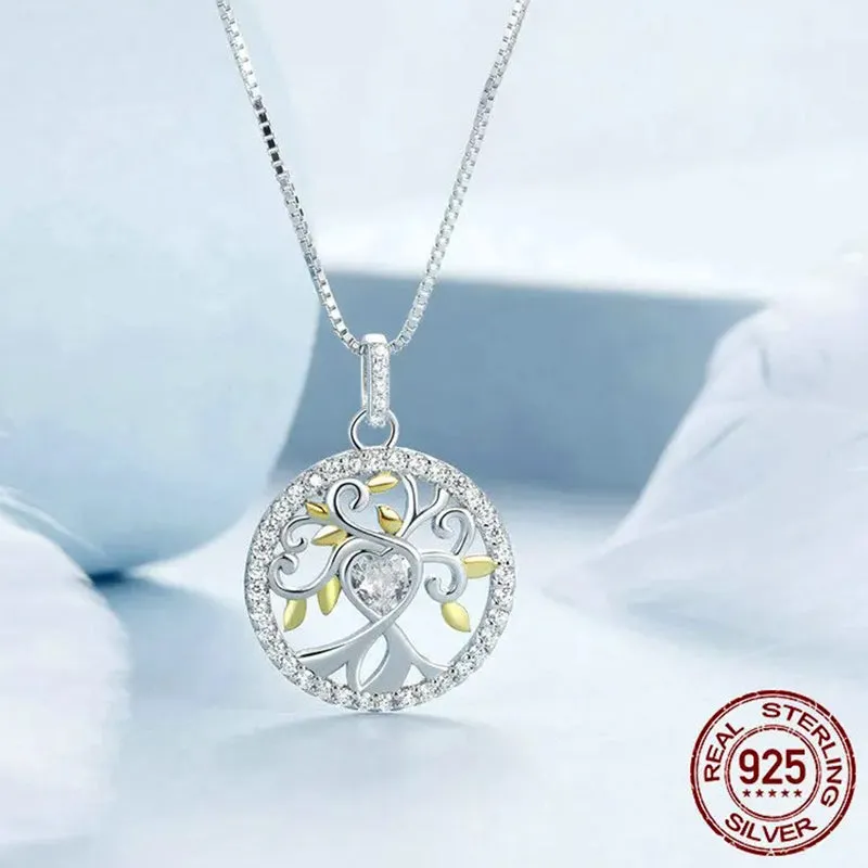 925 Sterling Silver Tree of Life Pendant Necklace Heart Zircon Neck Chain for Women Birthday Fine Jewelry Gift