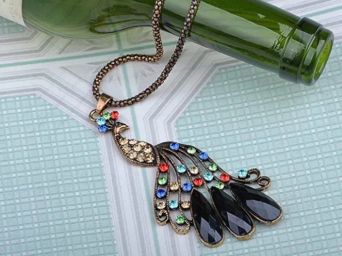 Alloy Peacock Crystal Noble Ethnic Pendant Necklace For Women