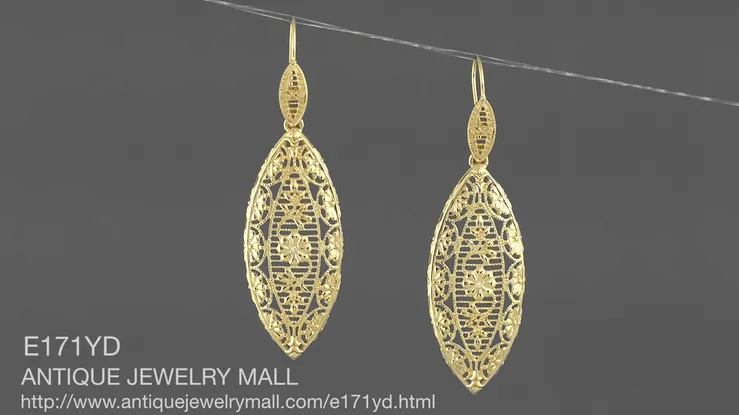 Art Deco Dangling Leaf Sterling Silver Filigree Diamond Earrings with Yellow Gold Vermeil