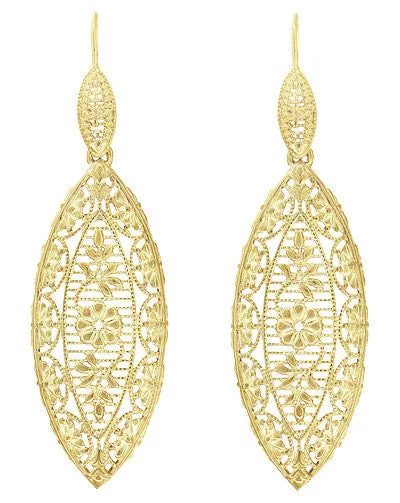 Art Deco Dangling Leaf Sterling Silver Filigree Diamond Earrings with Yellow Gold Vermeil