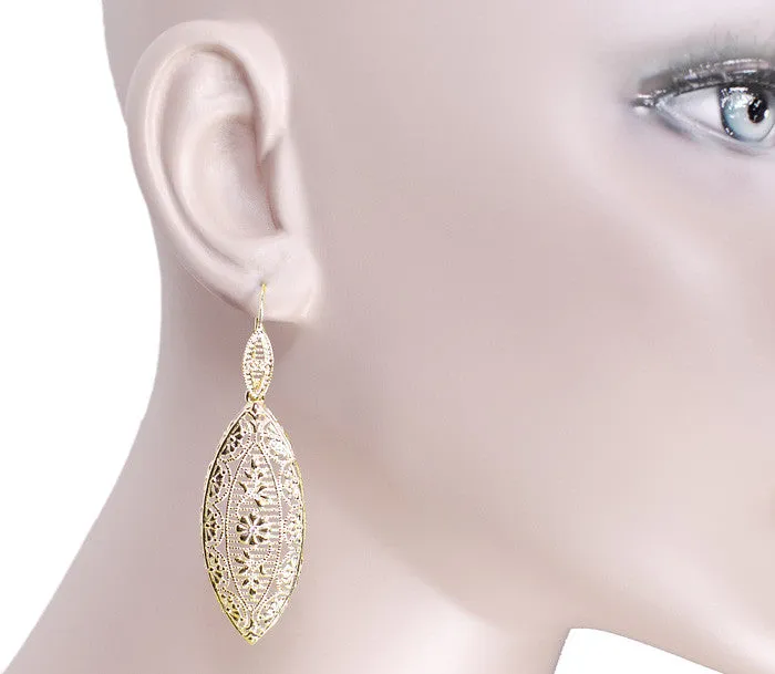 Art Deco Dangling Leaf Sterling Silver Filigree Diamond Earrings with Yellow Gold Vermeil