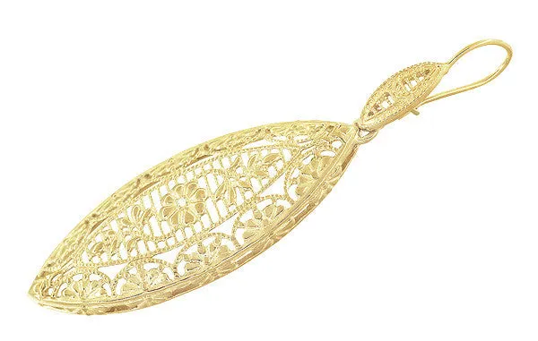 Art Deco Dangling Leaf Sterling Silver Filigree Diamond Earrings with Yellow Gold Vermeil