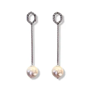 Bead Chain Earrings in sterling silver with white sea shell pearls