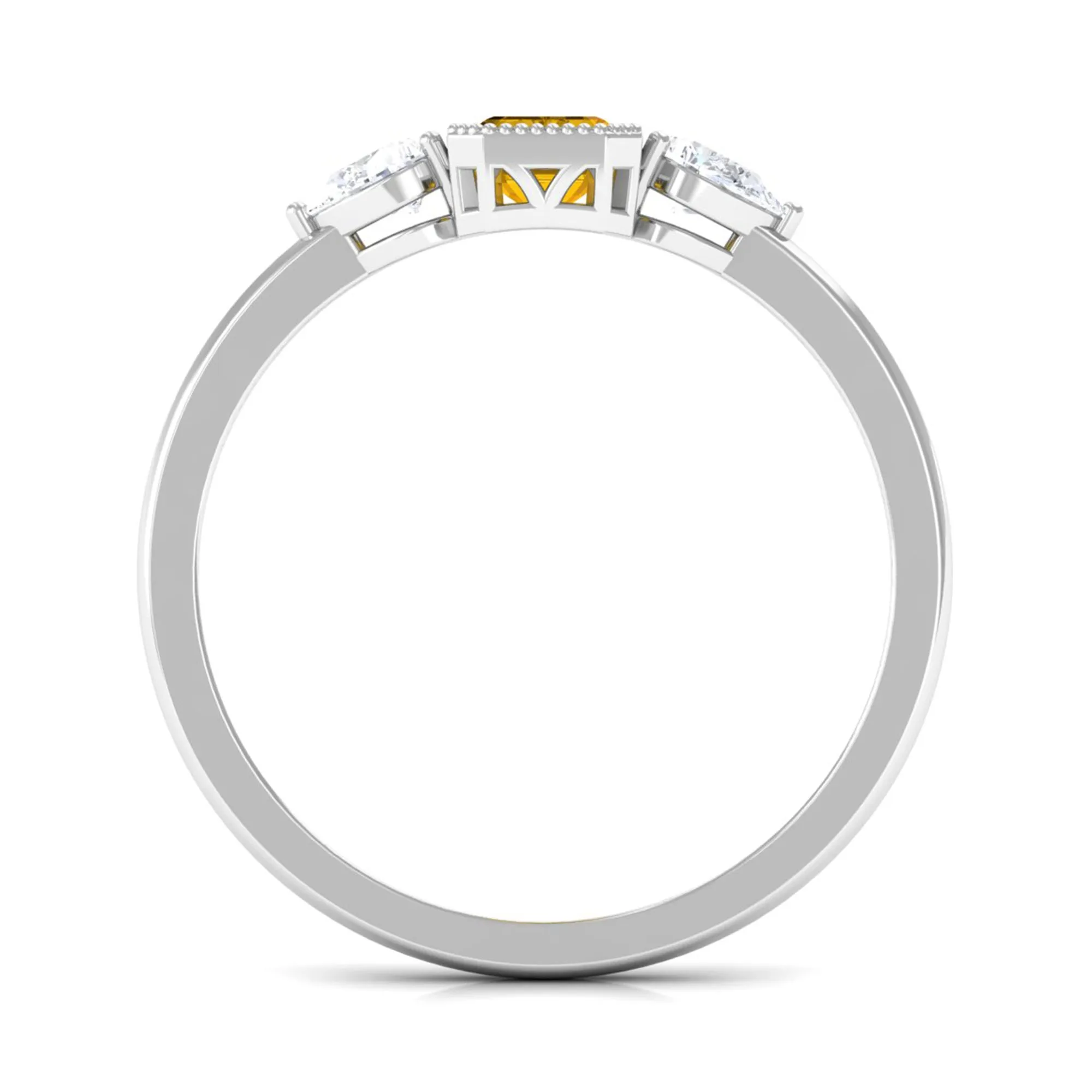 Beaded Bezel Set Emerald Cut Yellow Sapphire Solitaire Ring with Diamond