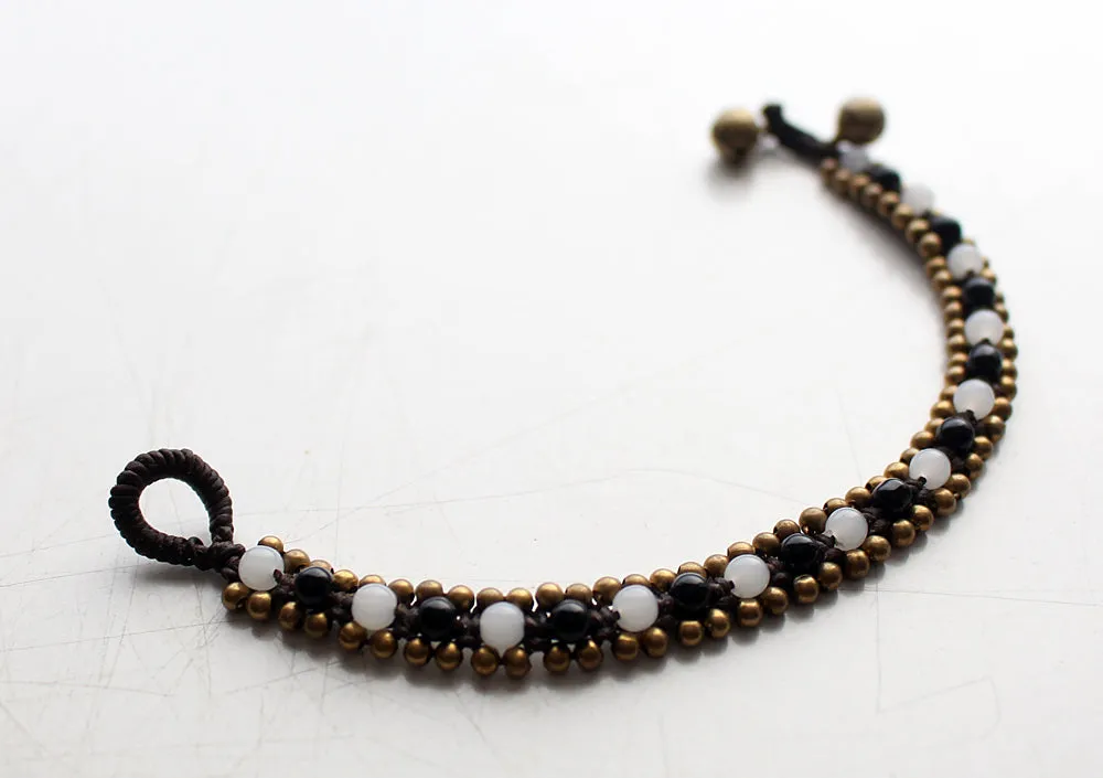 Black and Quartz Glass Beads Handwoven Teen Anklet