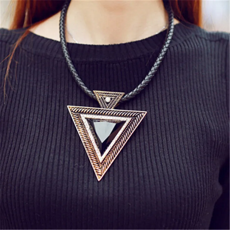 Black Choker Leather Rhinestone Triangle Pendant