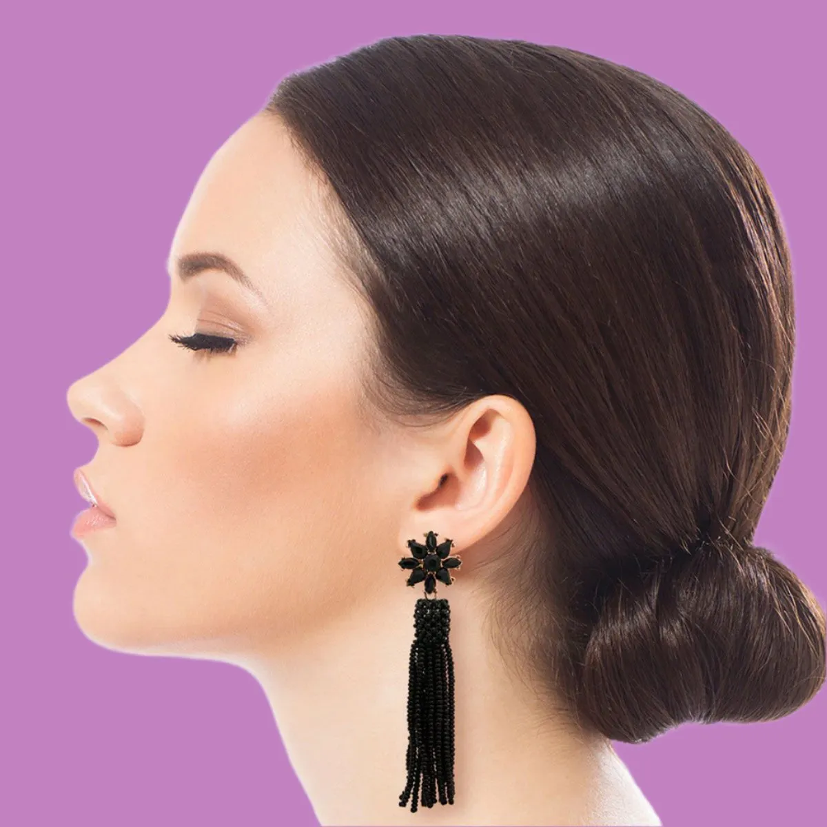 Black Stud Flower Dangle Tassel Earrings: Make a Bold Statement | Buy Now