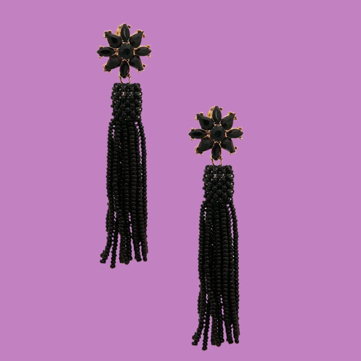 Black Stud Flower Dangle Tassel Earrings: Make a Bold Statement | Buy Now