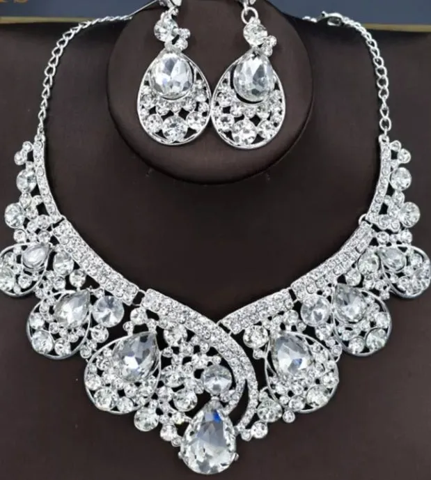 Bling Bridal Jewelry Sets Silver Crystal Tiaras Necklace Earrings