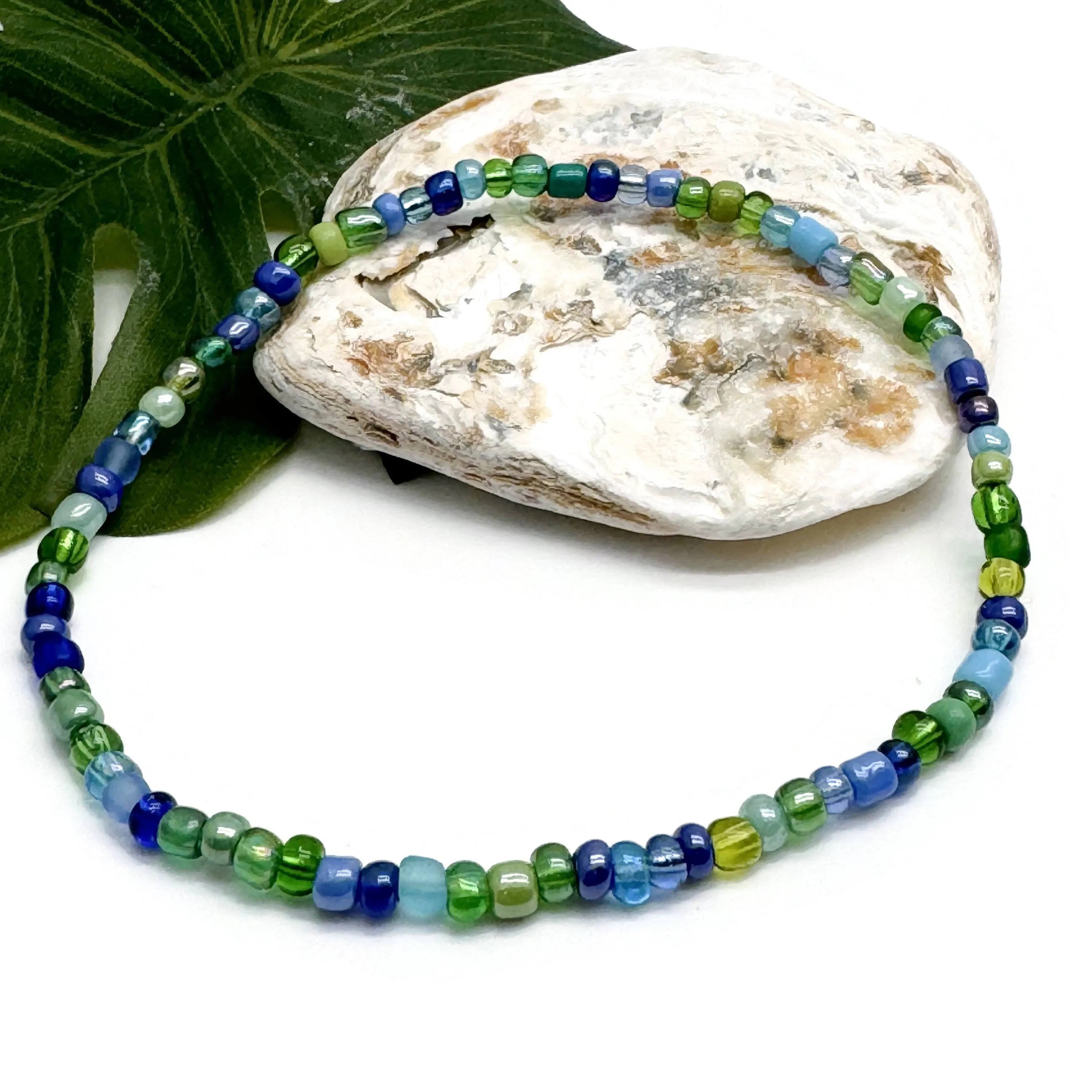 Blue and Green Glass Seed Bead Anklet