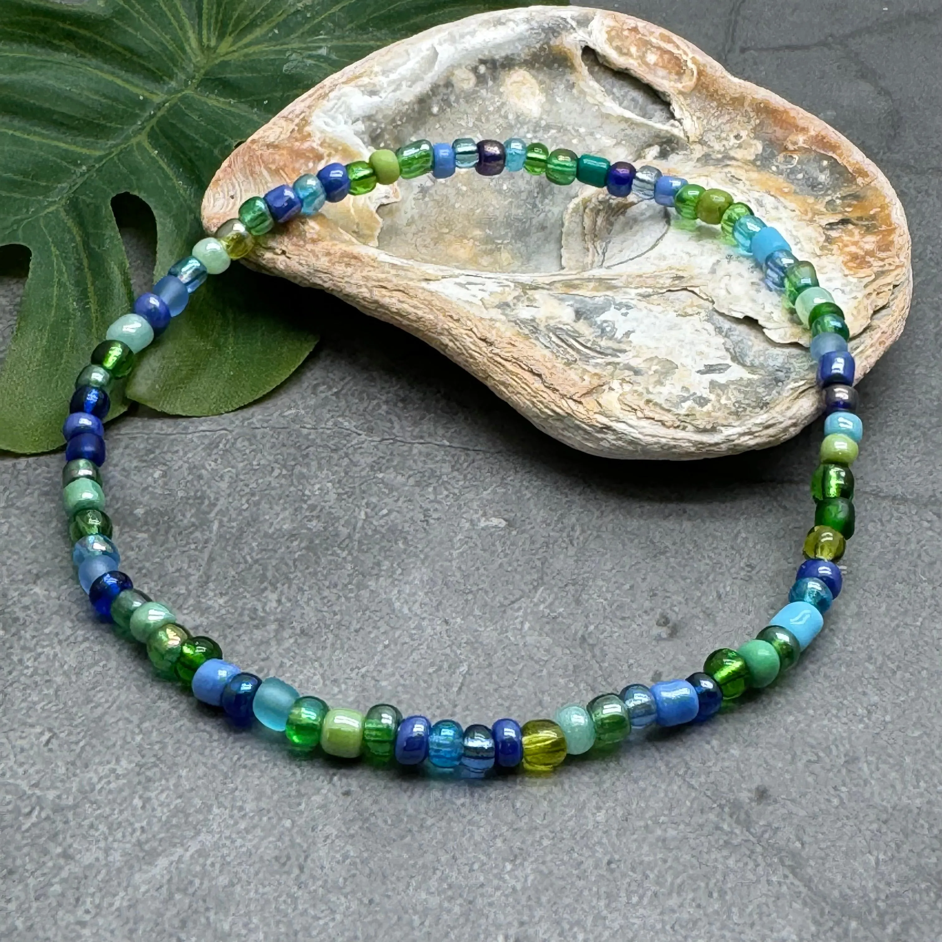 Blue and Green Glass Seed Bead Anklet