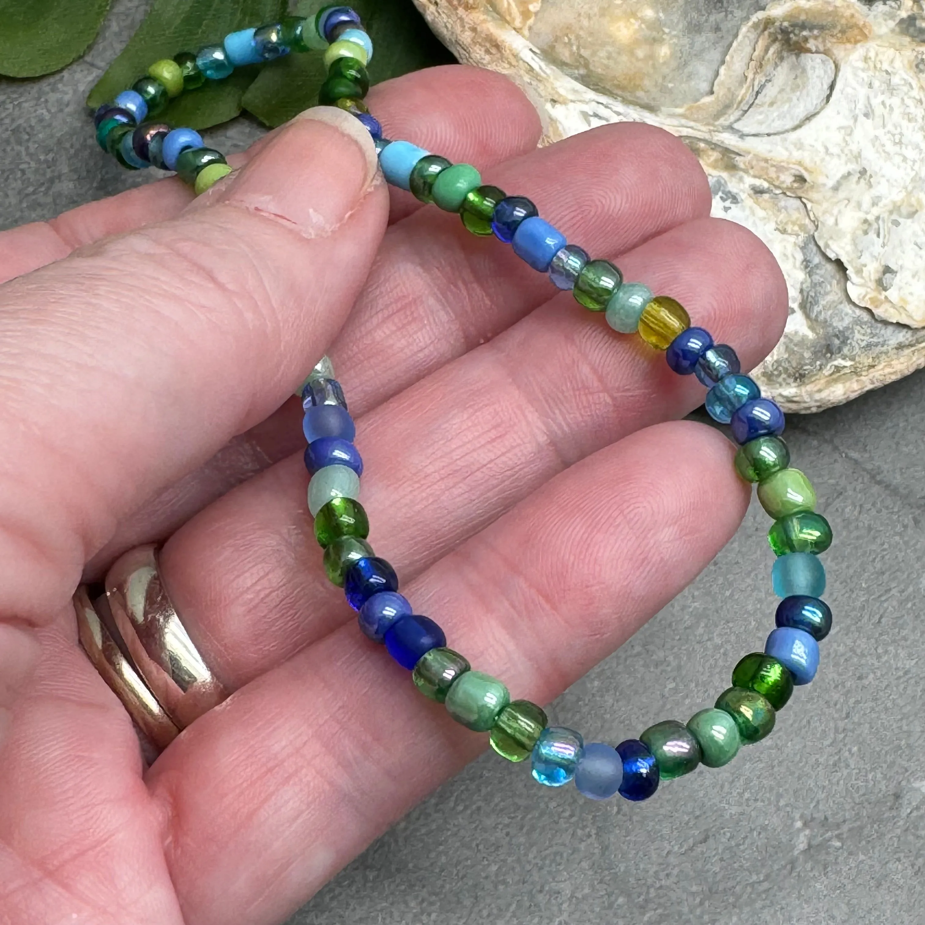 Blue and Green Glass Seed Bead Anklet