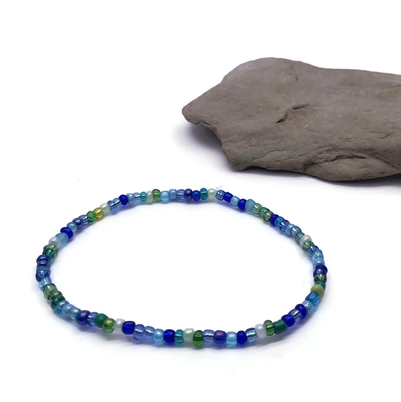 Blue and Green Glass Seed Bead Anklet