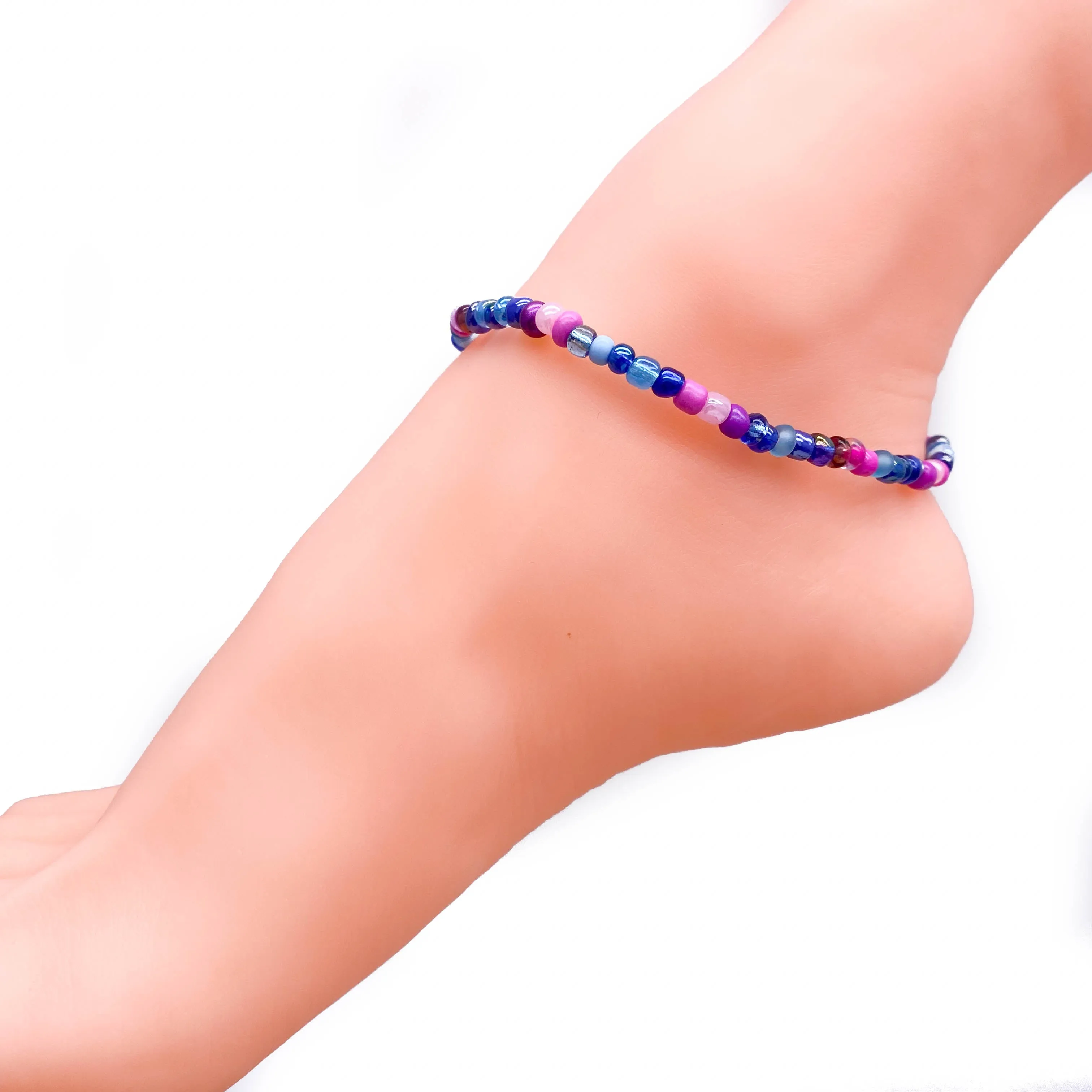 Blue and Pink Glass Seed Bead Anklet