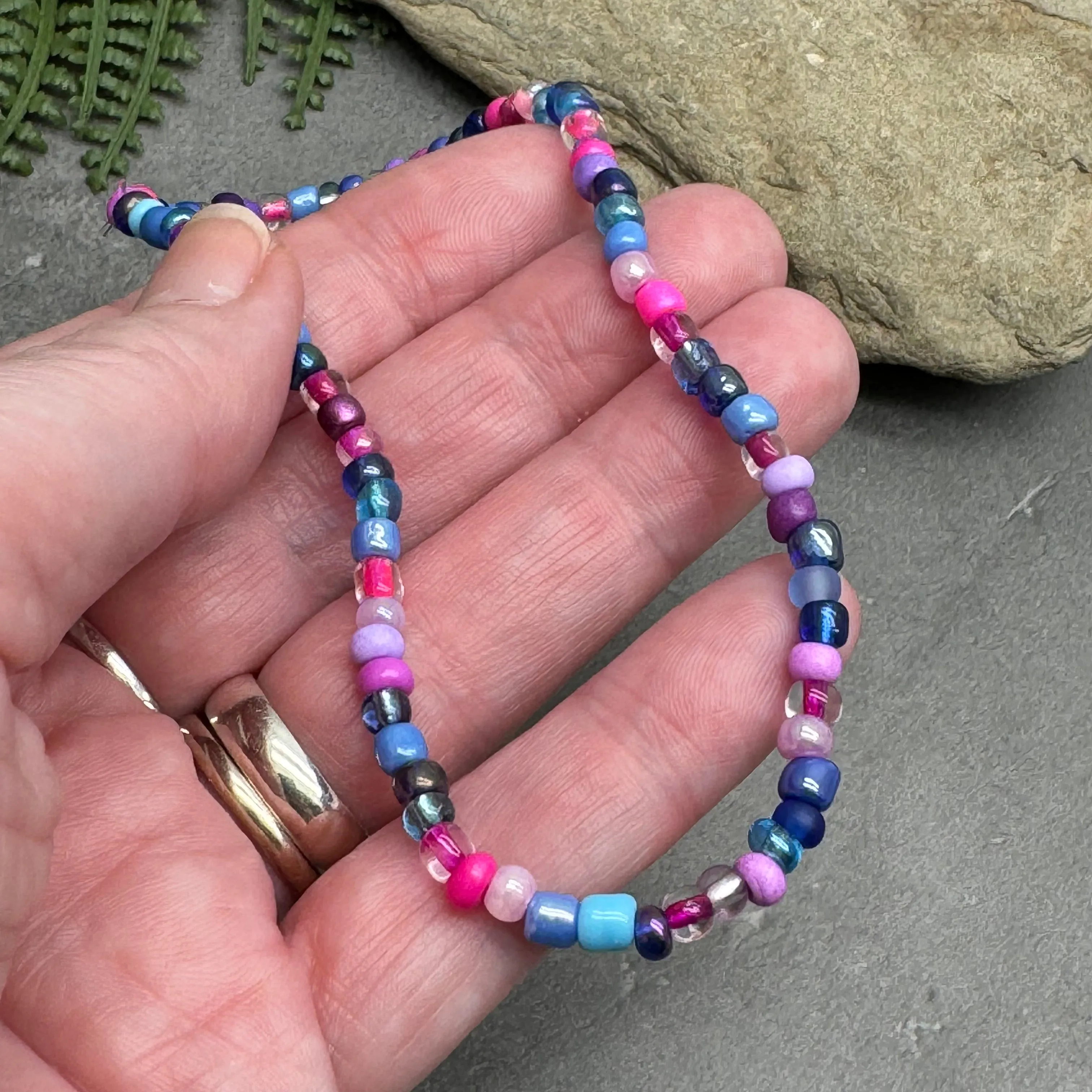 Blue and Pink Glass Seed Bead Anklet