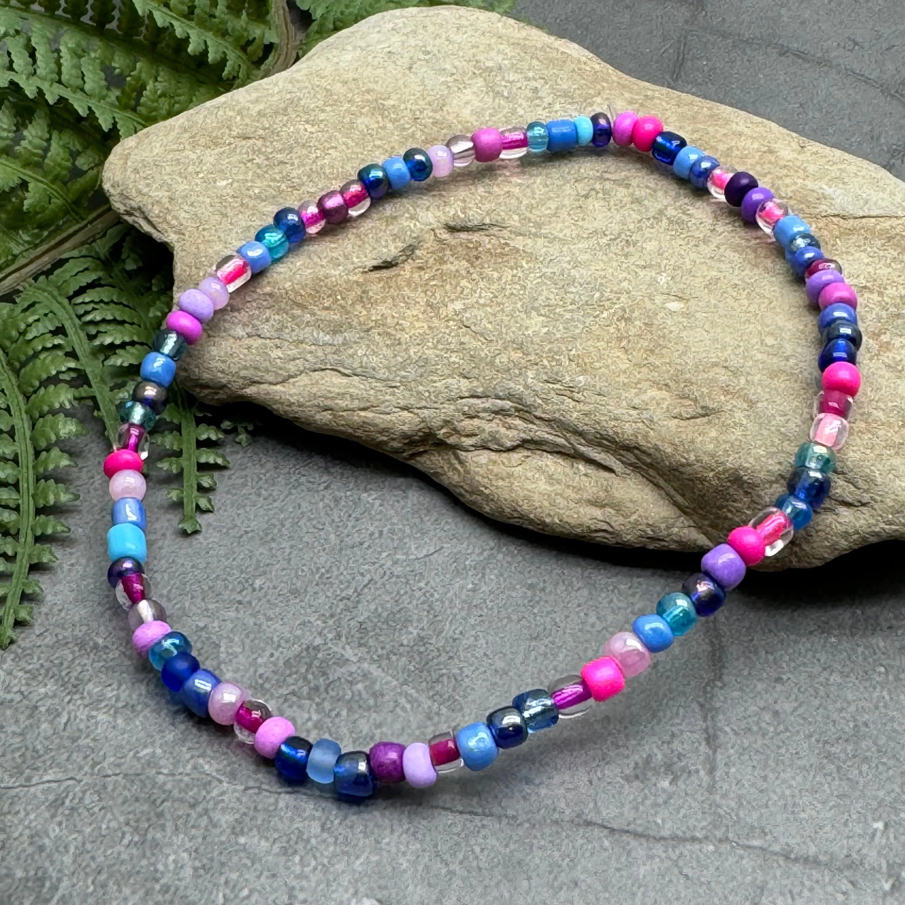 Blue and Pink Glass Seed Bead Anklet