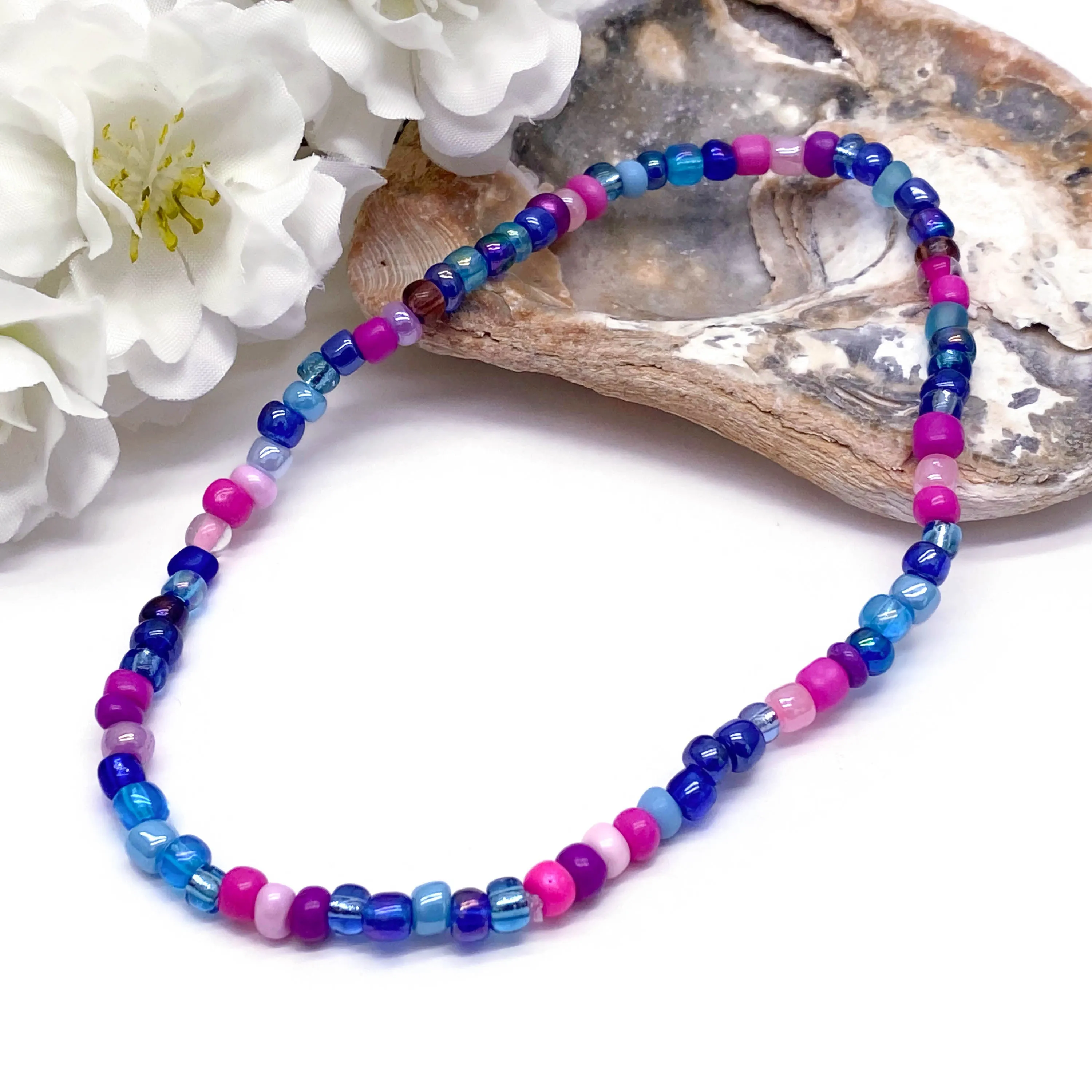 Blue and Pink Glass Seed Bead Anklet