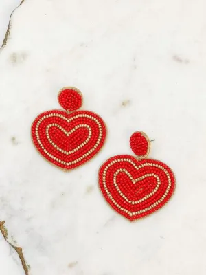 Bold Beaded Heart Dangle Earrings - Red