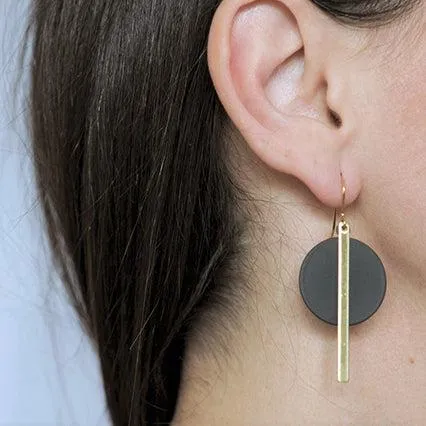 Deco black disc & brass bar earrings by brass   bold