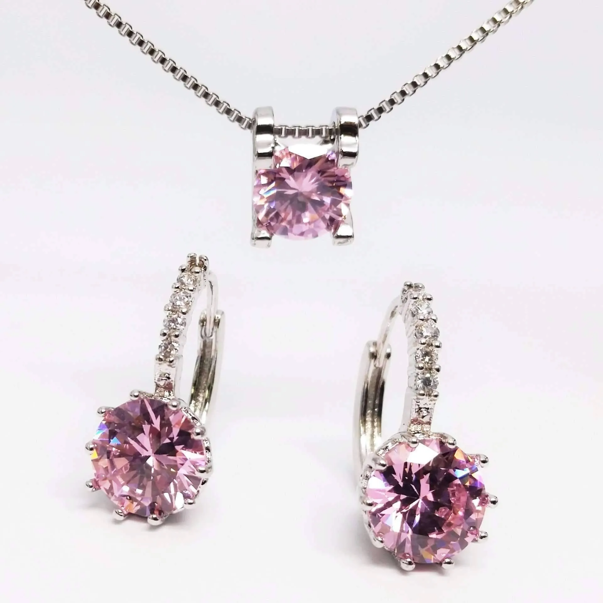 Elena Bold Solitaire Necklace and Hoop Earrings Set in Blushing Pink or Diamond White