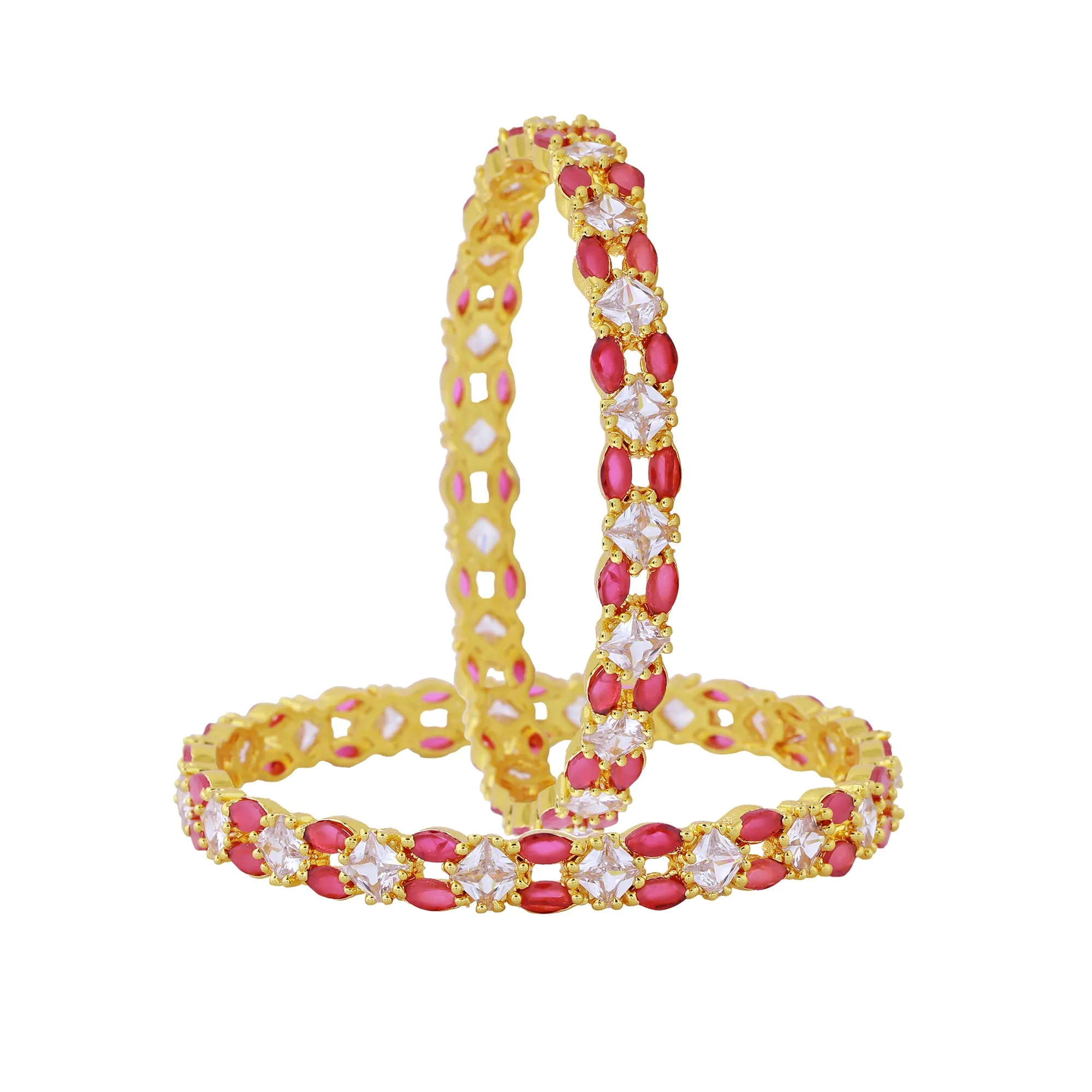 Estele Gold Plated CZ Striking Designer Bangles with Pink & White Stones for Women