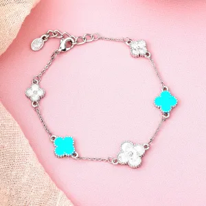 Estele Rhodium Plated Fashionable Blue Clover Leaf Designer Adjustable Charm Bracelet for Girls and Women