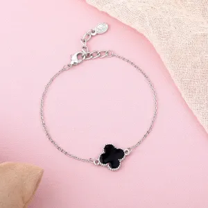 Estele Rhodium Plated Latest Trendy Single Black Clover Leaf Designer Adjustable Bracelet for Girls and Women