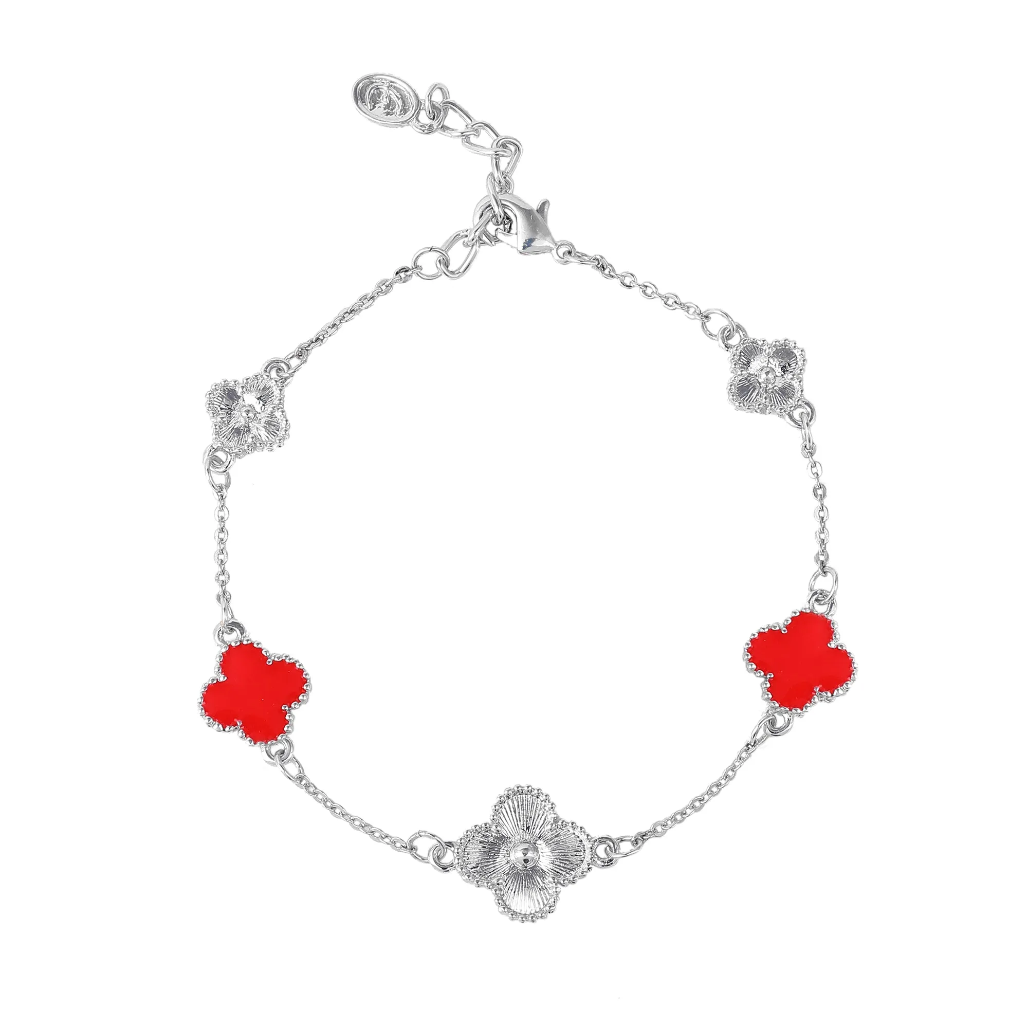 Estele Rhodium Plated Stylish & Trendy Red Vintage Clover Leaf Designer Adjustable Charm Bracelet for Girls and Women