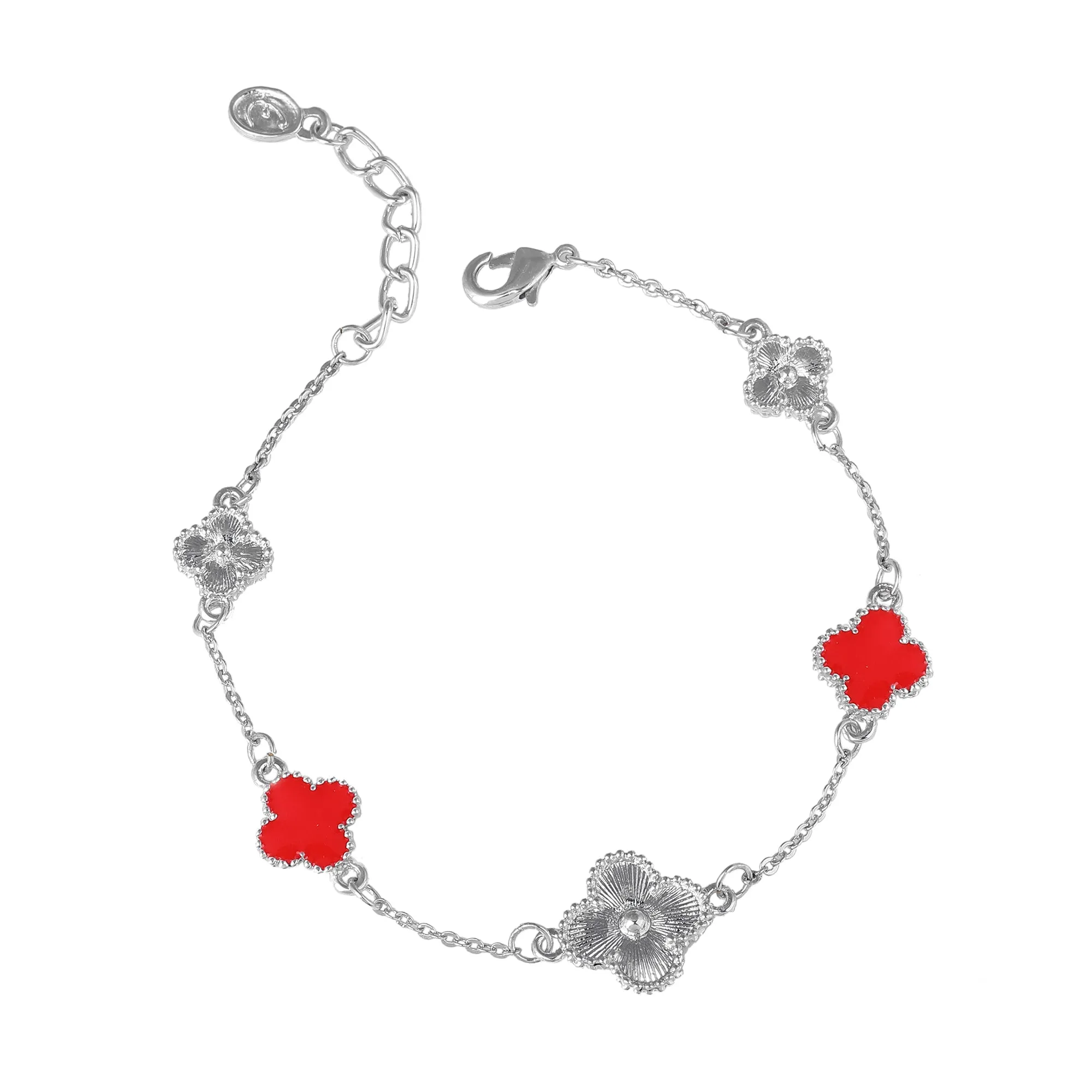 Estele Rhodium Plated Stylish & Trendy Red Vintage Clover Leaf Designer Adjustable Charm Bracelet for Girls and Women