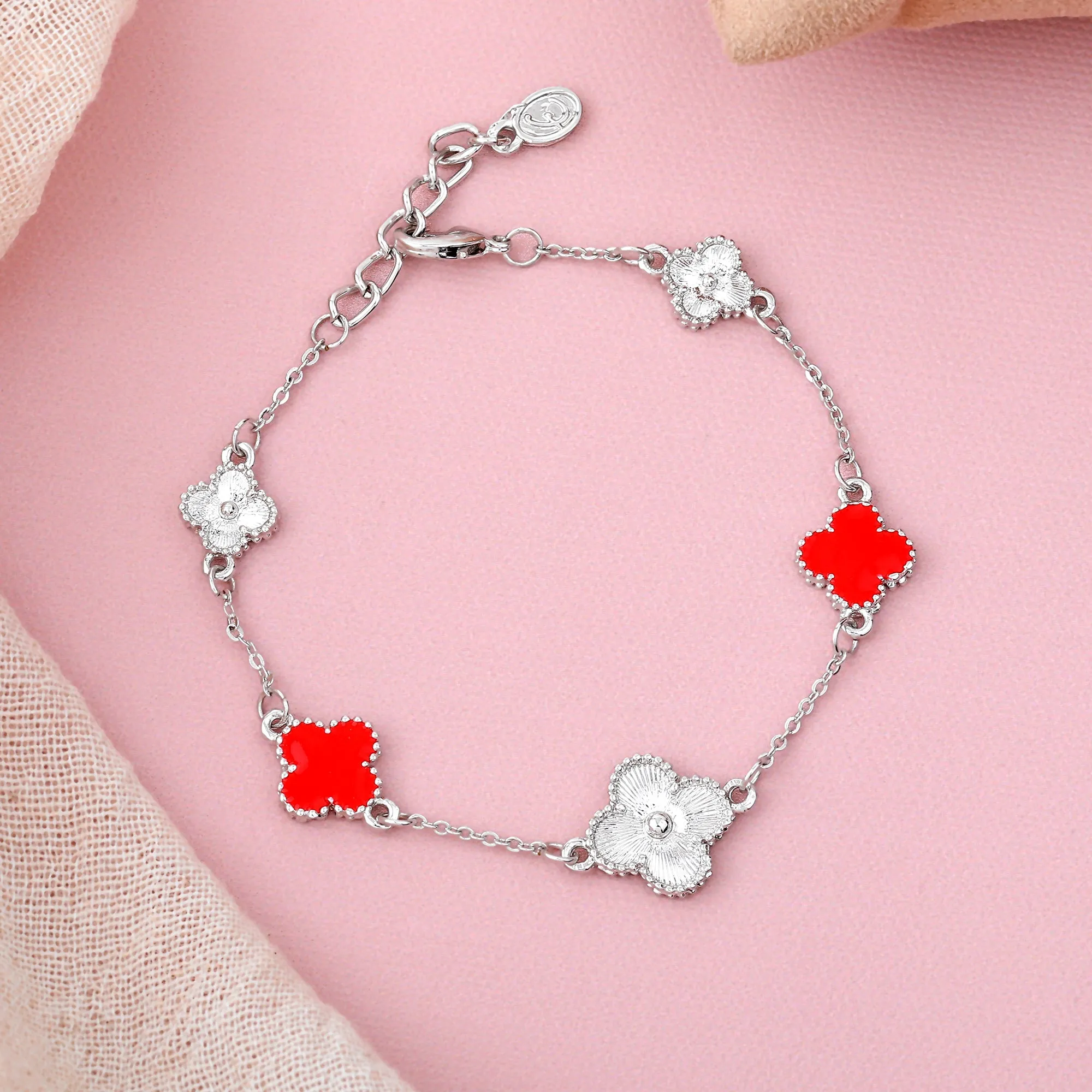 Estele Rhodium Plated Stylish & Trendy Red Vintage Clover Leaf Designer Adjustable Charm Bracelet for Girls and Women