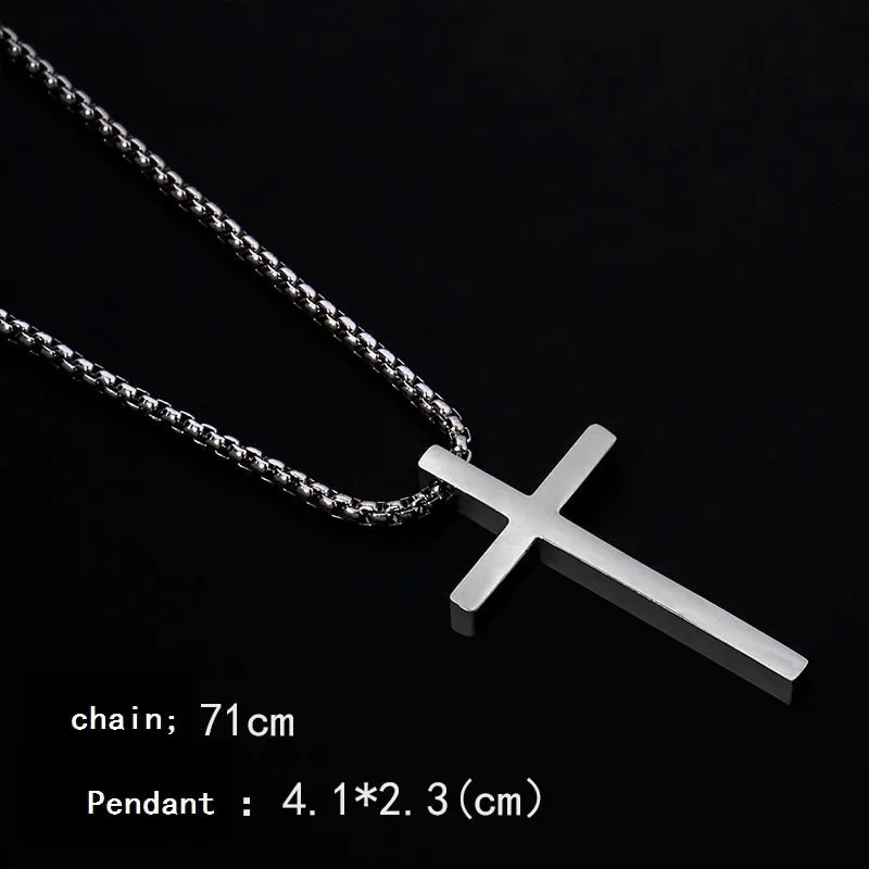 Flytonn Goth Fashion New Cross Pendant Long Necklace Men Punk Trendy Simple Titanium Stainless Steel Chain Mens Jewellery Gift