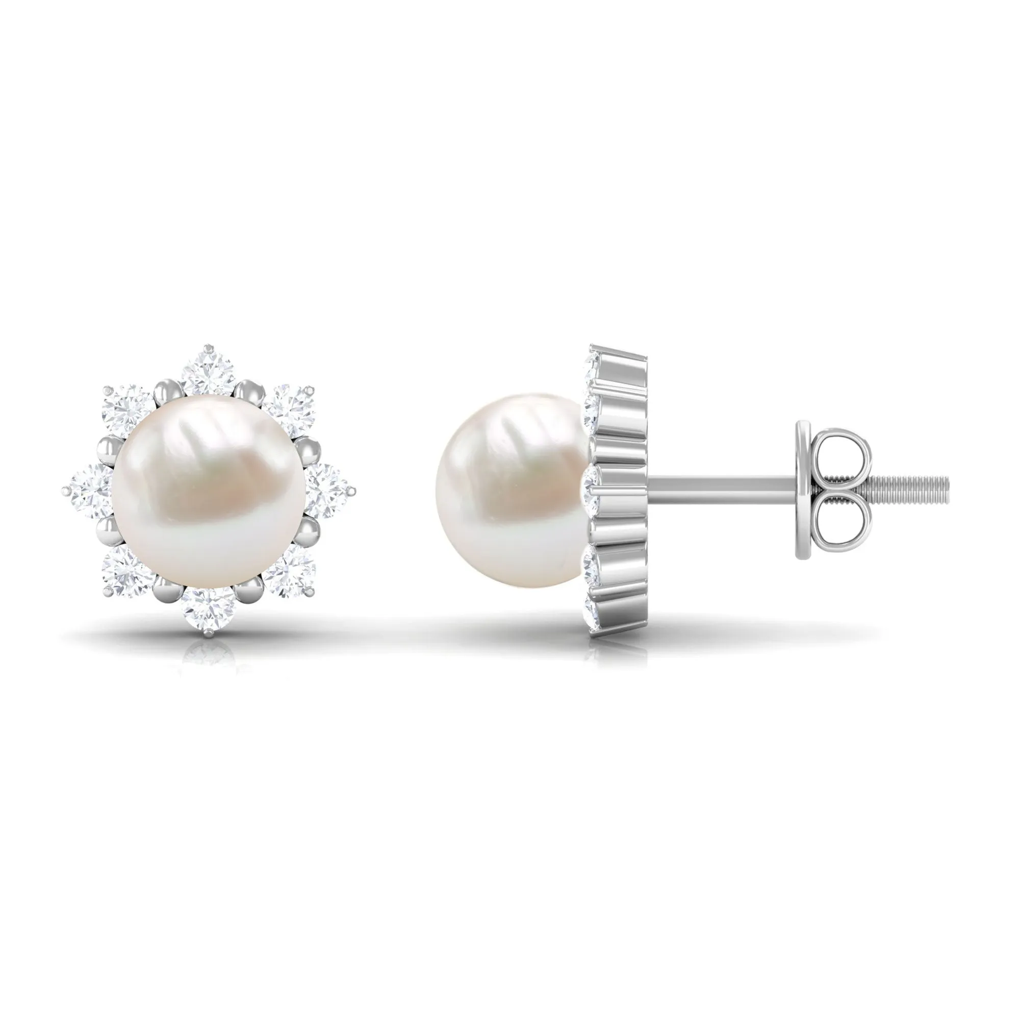 Freshwater Pearl Flower Stud Earrings with Diamond