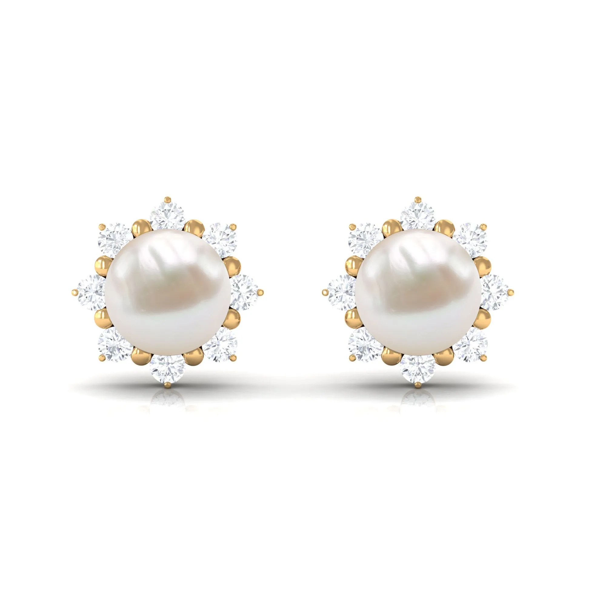 Freshwater Pearl Flower Stud Earrings with Diamond