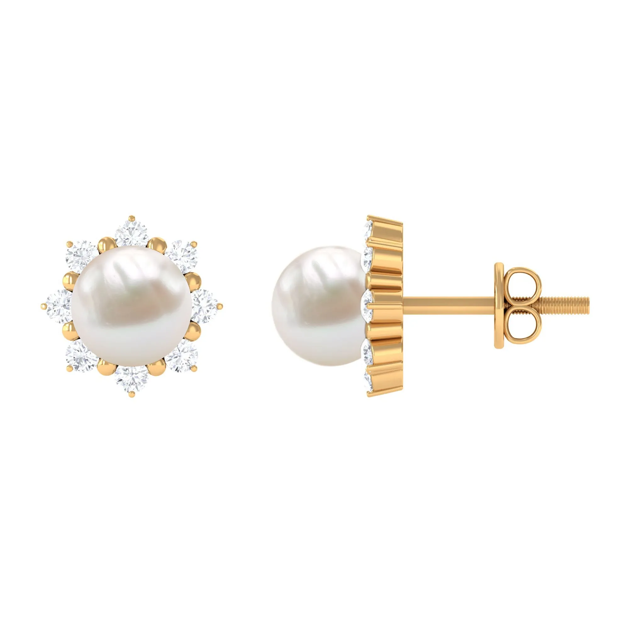 Freshwater Pearl Flower Stud Earrings with Diamond