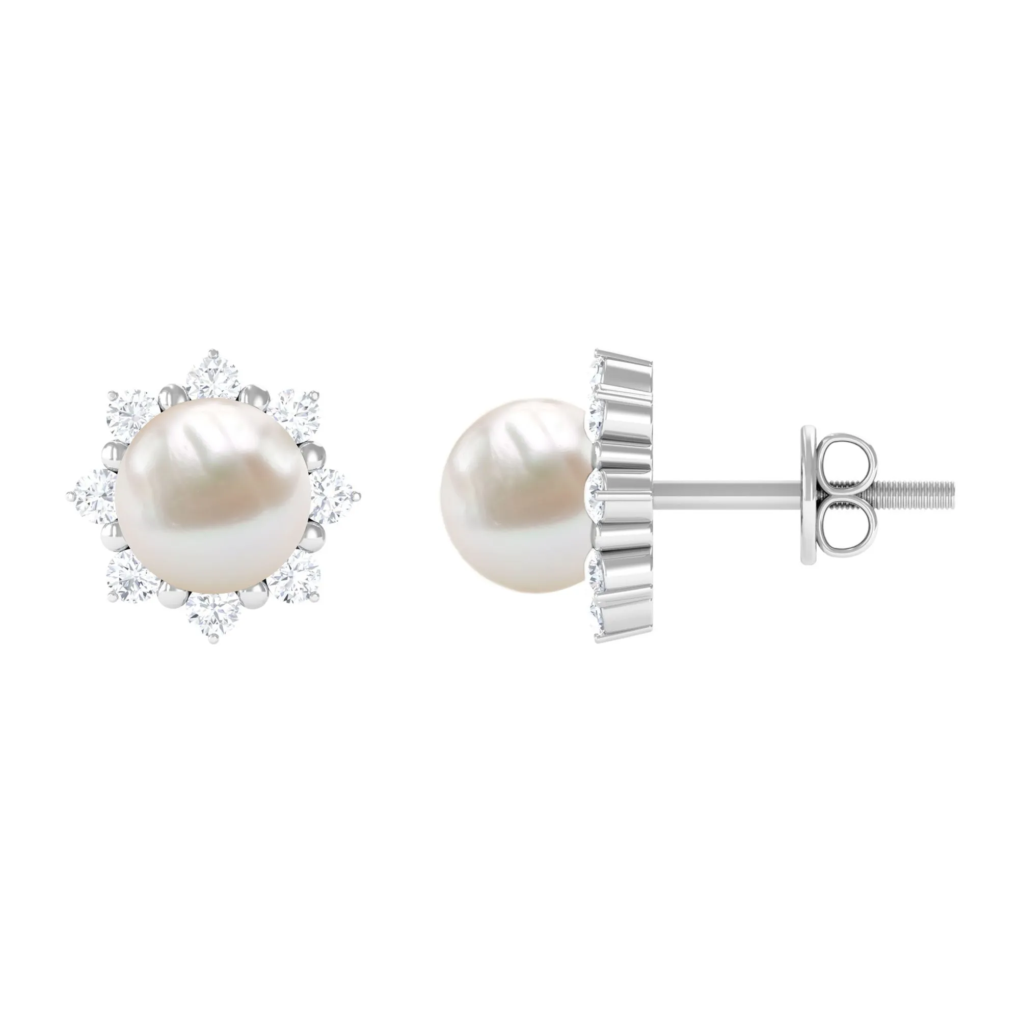 Freshwater Pearl Flower Stud Earrings with Diamond