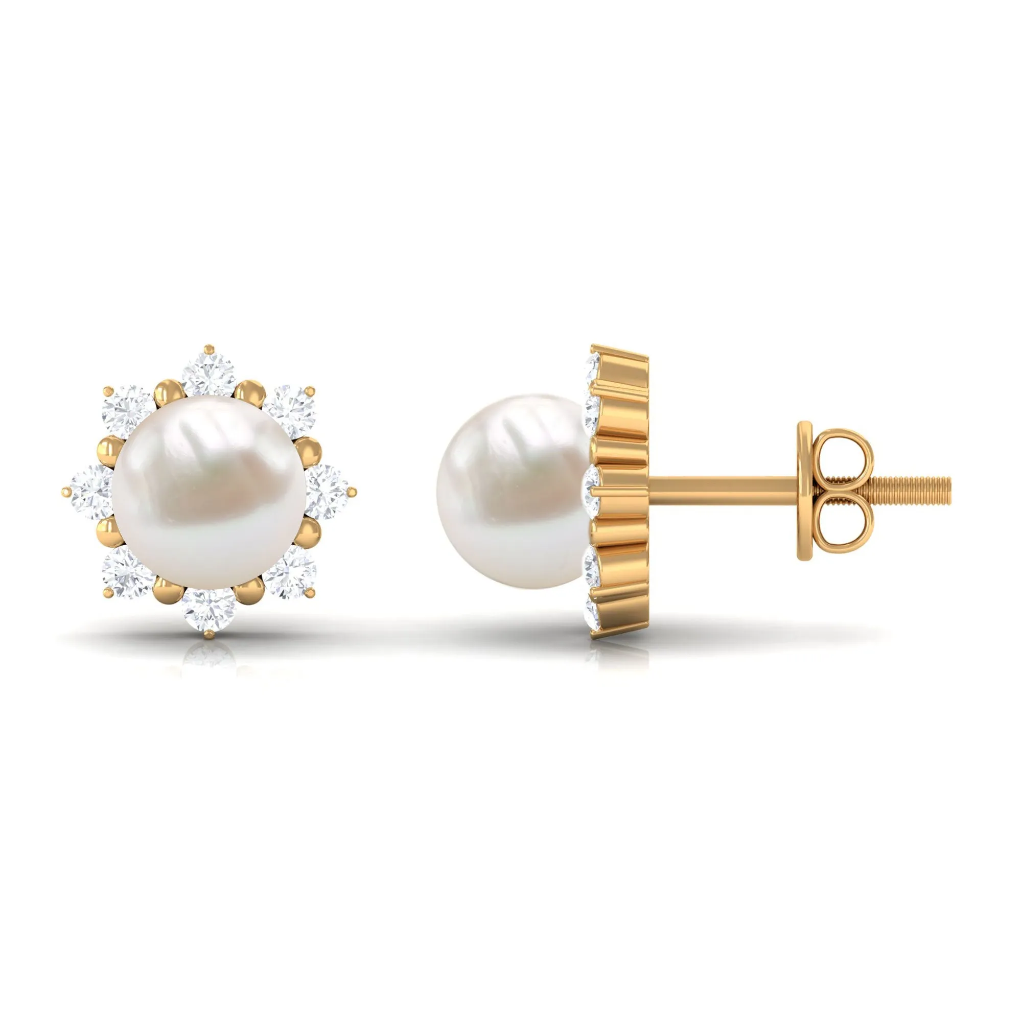 Freshwater Pearl Flower Stud Earrings with Diamond