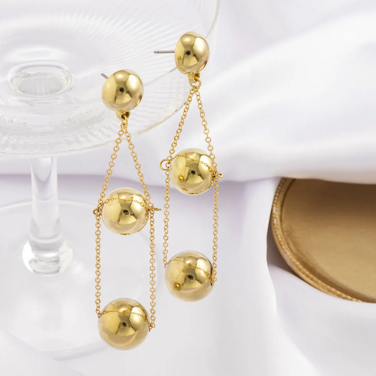 Gold Chain Sphere Drop Earrings-jlt11616