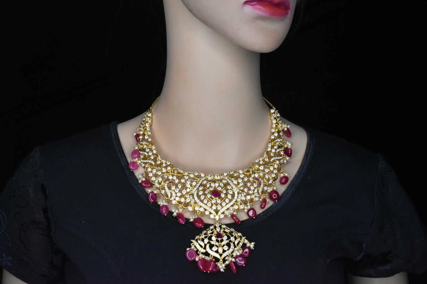 Graceful Premium Cz Ruby , Emralds Necklace