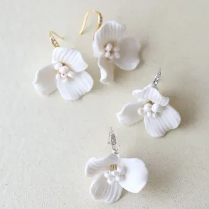 Handcrafted White Ceramic Flower Earrings