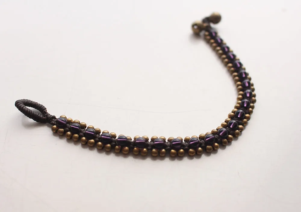 Handwoven Amethyst Color Glass Beads Teen Anklet