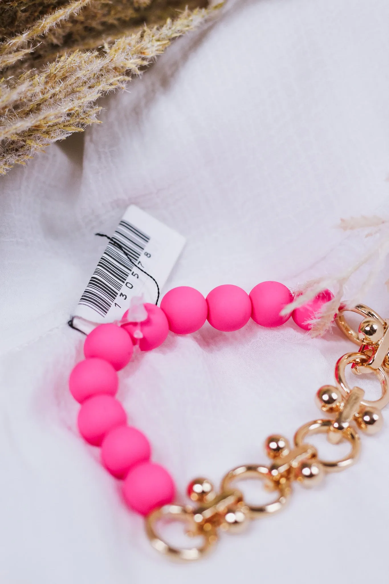 Hot Pink Color Coated Bead with Gold Chain Stretch Bracelet