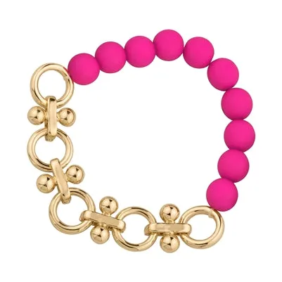 Hot Pink Color Coated Bead with Gold Chain Stretch Bracelet