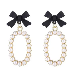 Korean Black Bow Tie Pearl Earrings