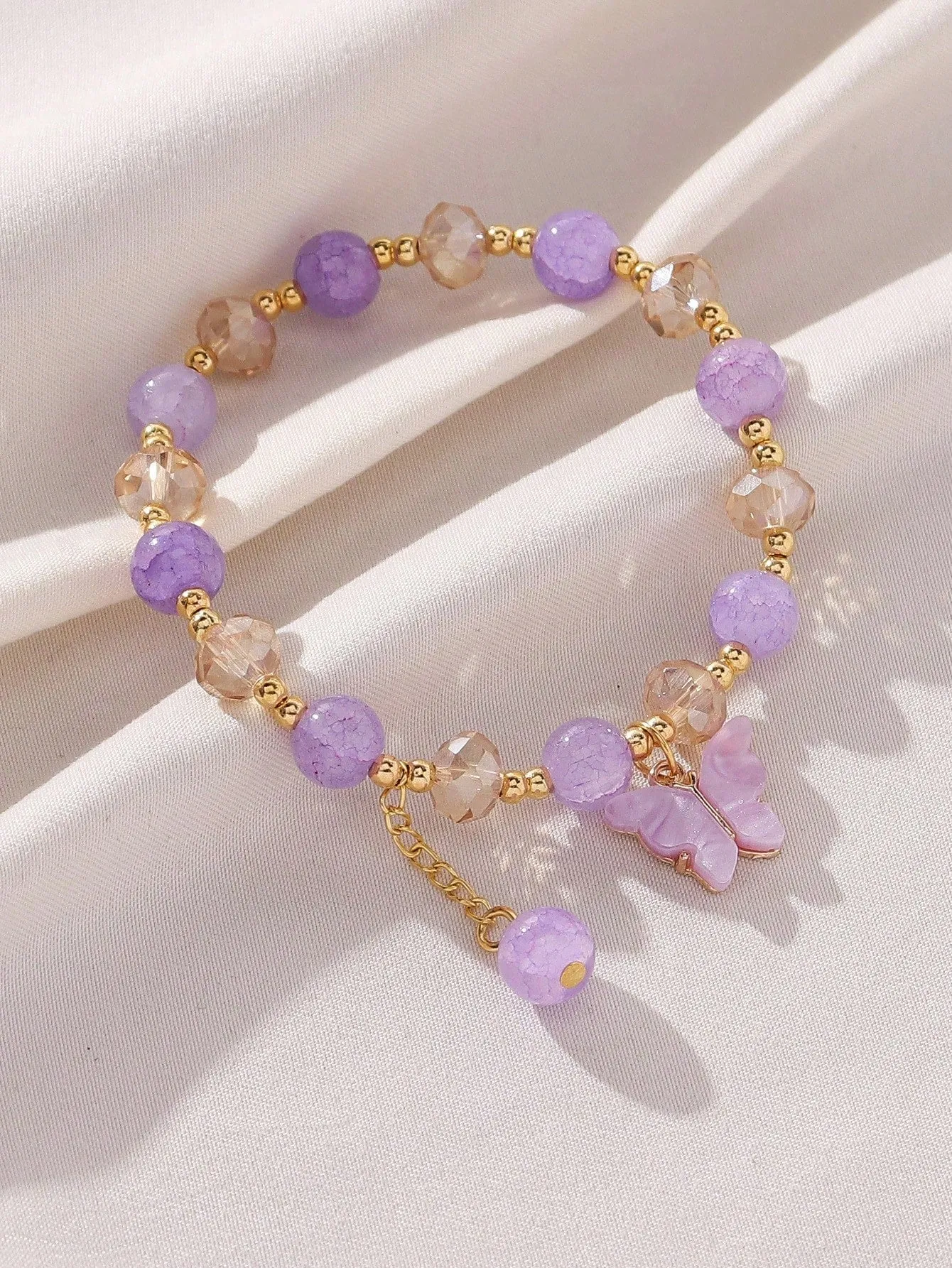 Lively Colorful Purple Acrylic Butterfly Elastic Beaded Bracelet For Women