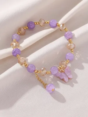 Lively Colorful Purple Acrylic Butterfly Elastic Beaded Bracelet For Women