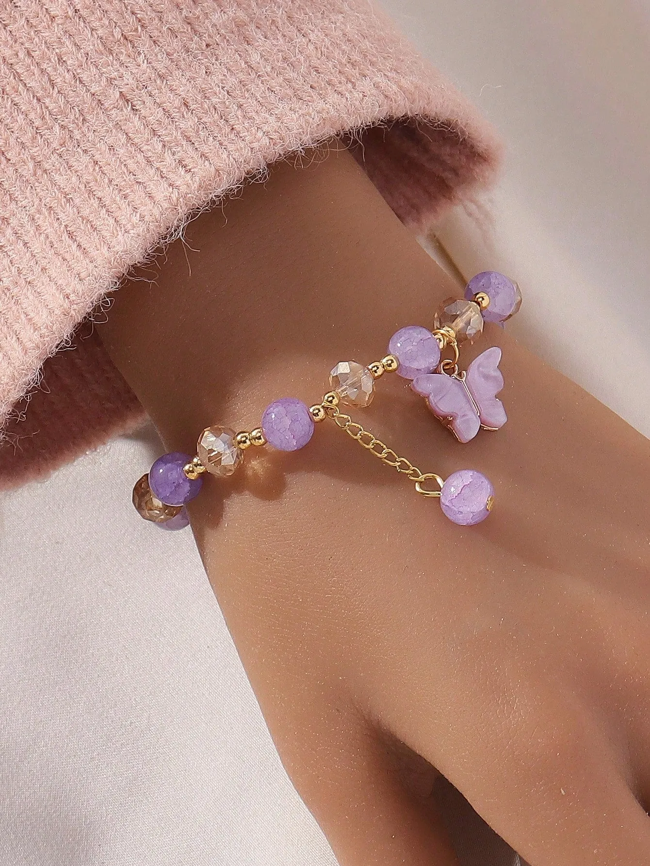 Lively Colorful Purple Acrylic Butterfly Elastic Beaded Bracelet For Women